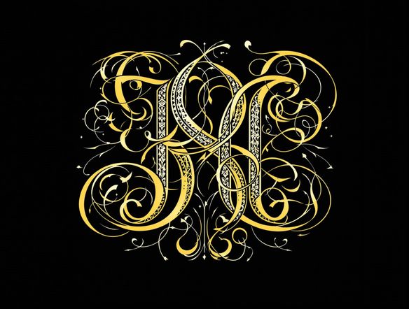 An interlocking monogram with flowing lines and a sophisticated complementary color palette generated by AI, incorporating elements of classic calligraphy and modern design, luxurious, high-end.