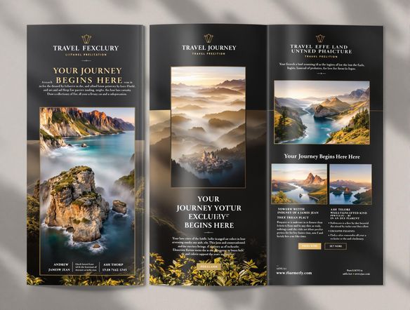 A sleek, minimalist brochure design for a luxury travel agency. Feature breathtaking landscape photography and elegant typography. Emphasize sophistication and exclusivity. Include the tagline: 'Your Journey Begins Here.' Brochure generator ai, warm lighting, high detail.