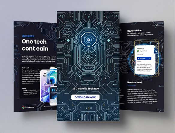 A vibrant, modern brochure design showcasing a tech startup. Emphasize clean lines, bold colors, and a futuristic circuit board pattern. Include a call to action: 'Download Now!' Use a high-resolution, professional style to attract attention. Brochure ai generator.