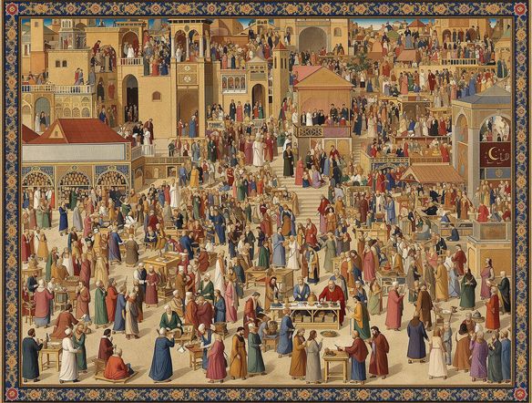 A detailed AI-generated Ottoman miniature painting depicting a bustling marketplace scene, intricate patterns, vibrant colors, historical figures, rich textures, create miniature art Ottoman style, generate Turkish miniature painting.