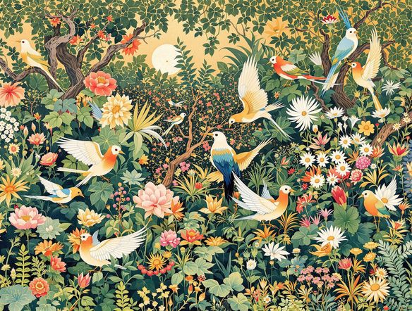 An ornate AI-generated Islamic miniature art piece showcasing a serene garden with exotic birds, delicate brushwork, gold leaf accents, botanical details, best Ottoman art generator, Islamic miniature art AI.