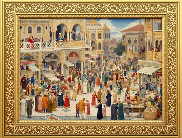 An intricate Ottoman miniature painting depicting a bustling marketplace scene, vibrant colors, detailed figures in traditional attire, a sultan observing from a balcony, golden filigree border.