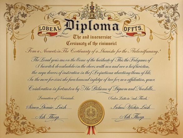 Generate a detailed, high-resolution image of a fake college degree generator certificate with ornate calligraphy, a gold seal, and realistic-looking signatures. Focus on authenticity and visual appeal.