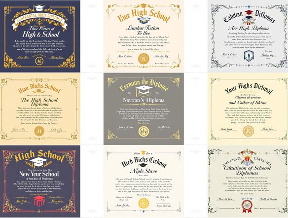 Craft a visually stunning image showcasing a variety of custom-designed high school diplomas. Feature different calligraphy fonts, border styles, and personalized details. Emphasize the ease and creativity of the design process.