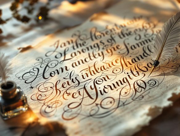 Elegant calligraphy swirls on parchment, illuminated by soft light, inkwell and feather quill in foreground, soft focus.