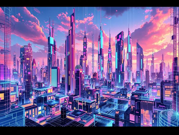 Visualize a futuristic cityscape rendered in a 3D wireframe style. Apply a harmonious 12-color palette to highlight architectural details, lighting effects, and atmospheric depth. Emphasize the interplay of color and form to create a captivating and immersive scene.