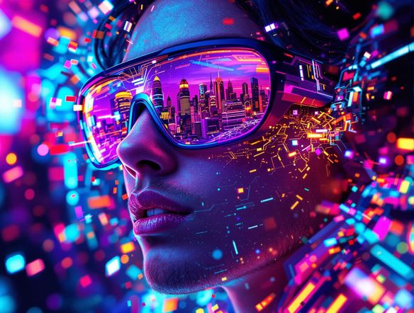 Futuristic cityscape reflected in a video creator's glasses, digital particles swirling around, vibrant and dynamic.