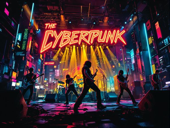 A dynamic band poster design showcasing a futuristic rock band. The band's name is displayed in a bold, distorted font with neon accents, set against a backdrop of a cyberpunk cityscape at night.