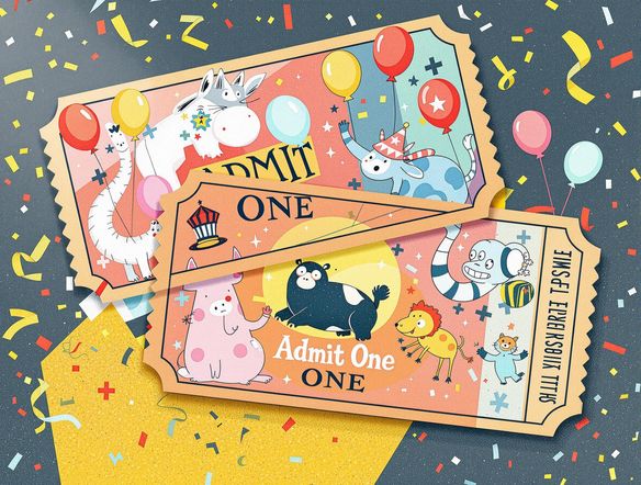 Design a set of vibrant, colorful tickets for a children's carnival. The design should be playful and feature whimsical illustrations of circus animals, balloons, and confetti. The words "Admit One" should be prominently displayed in a fun, cartoonish font. This is a fun ticket generator.