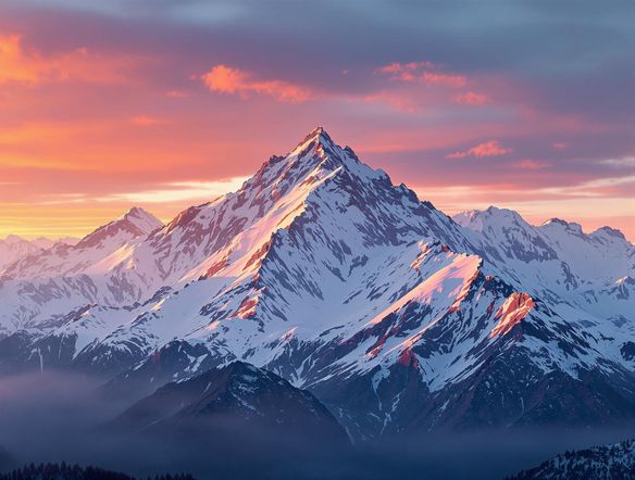 A breathtaking landscape mobile wallpaper featuring a snow-capped mountain range at sunset. Warm colors, dramatic lighting, and a sense of adventure. Optimized for vertical screens. 4k resolution.