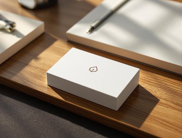 Sleek business card design with minimalist logo, displayed on a modern desk with soft, natural lighting, showcasing professionalism and creativity.