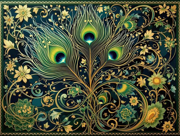 An elegant Art Nouveau peacock feather design with swirling floral patterns and intricate linework, rendered in rich jewel tones of emerald, sapphire, and gold.