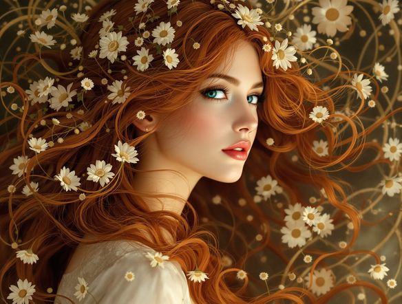 A portrait of a woman with flowing hair, adorned with elegant floral patterns, in the distinct Mucha style art generator aesthetic, soft lighting, intricate details.