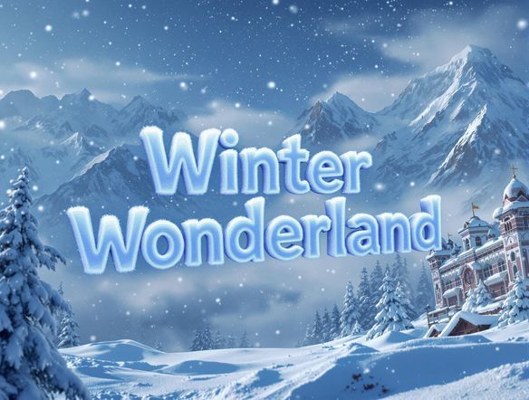 A breathtaking YouTube banner featuring the words "Winter Wonderland" in a frozen font, set against a backdrop of snow-capped mountains and a swirling blizzard. Hyperrealistic, 8k resolution.