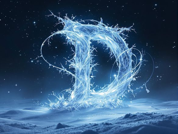 A single letter made of ice, with frozen mist swirling around it, set against a dark winter night sky.