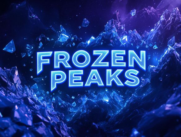 An artistic YouTube channel art banner showcasing the channel name "Frozen Peaks" in a stylized frozen font, with ice crystals forming intricate patterns around the letters. Digital art, vibrant colors.