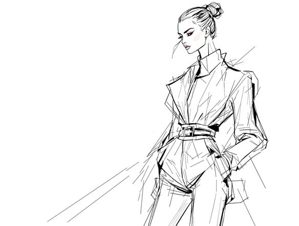 A sophisticated fashion illustration of a model wearing a chic, avant-garde outfit. Style illustration AI, clean lines, professional portfolio piece, fashion sketch.