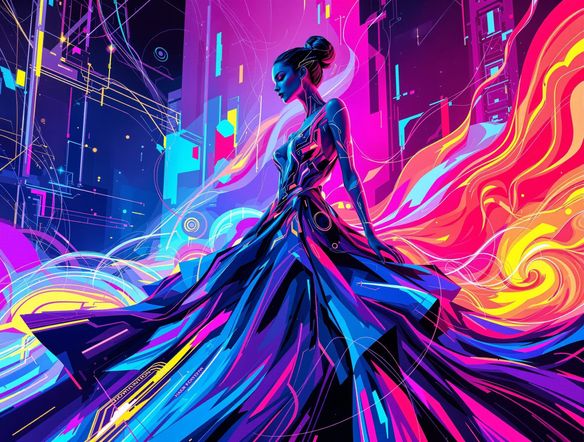 A vibrant, dynamic AI fashion illustration of a model wearing a futuristic haute couture gown, with swirling digital brushstrokes and glowing accents.