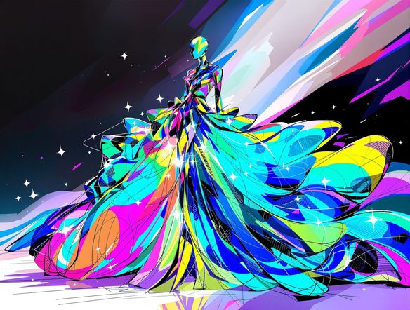 A vibrant digital fashion design sketch of a futuristic haute couture gown, showcasing intricate details and bold silhouettes. Fashion art generator output, high fashion aesthetic.