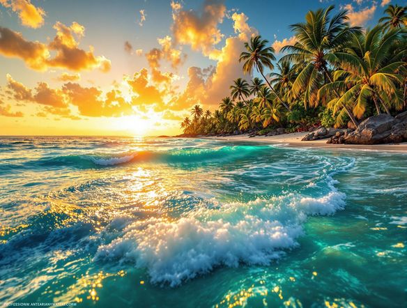 A clear watermark over a vibrant photograph of a sunset on a tropical beach, detailed and professional.