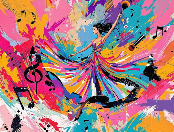 A vibrant, abstract background with musical notes and makeup brushes swirling together, reflecting the energy of a song.