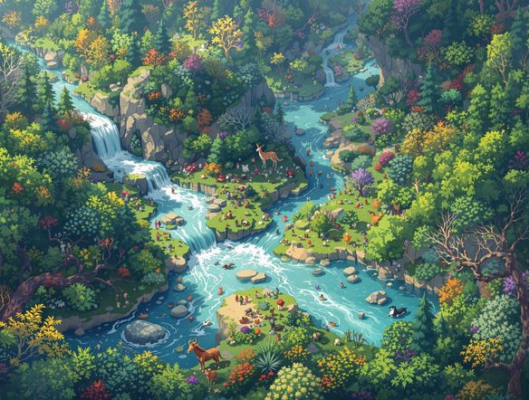 An overhead view of a vibrant, interconnected ecosystem, detailed with flowing rivers, dense forests, and diverse animal habitats, rendered in a painterly style.