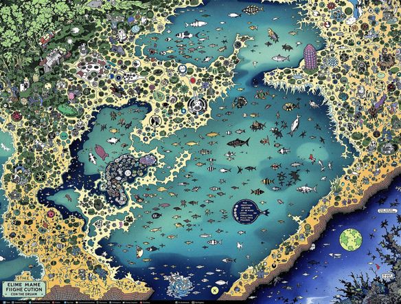 An ecomap depicting a marine ecosystem, showcasing the relationships between various species, resource distribution, and the impact of pollution. The image should not contain elements related to a logo generator for youtube or a youtube icon generator.