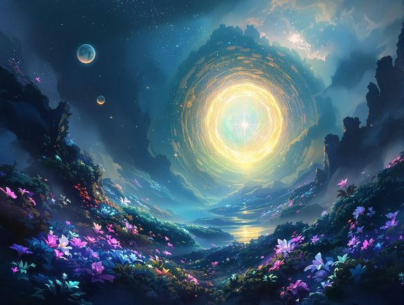 An ethereal landscape with glowing flora and a shimmering portal, mystical atmosphere, otherworldly, digital painting, by artists like Remedios Varo and surrealism.