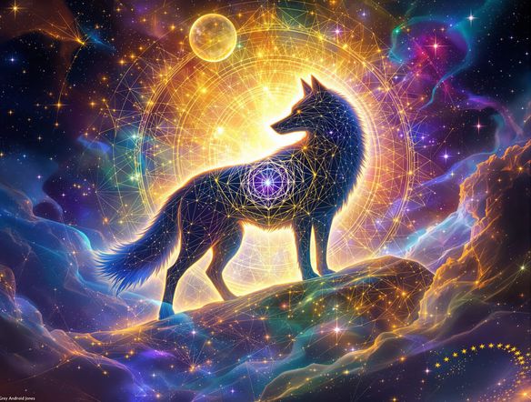 Intricate sacred geometry patterns interwoven with a vibrant, multicolored aura, a majestic spirit wolf silhouette within, spiritual, divine light, high detail, digital art.
