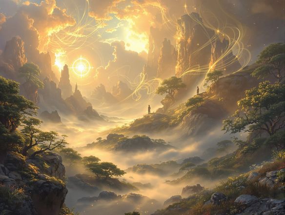An ethereal landscape bathed in soft, glowing light, with swirling mist and ancient, mystical symbols subtly integrated into the scene.