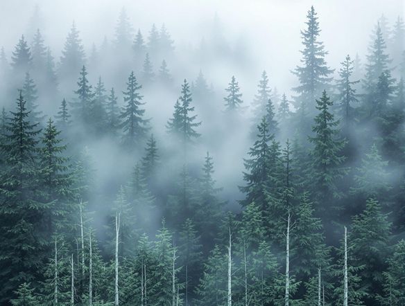 Create a yarn color palette featuring cool blues, calming greens, and soft grays reminiscent of a misty forest. Emphasize a sense of tranquility and natural beauty. Suggest different yarn weights for added visual interest.