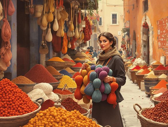 Generate a yarn color palette inspired by the vibrant hues of a Moroccan spice market. Include deep reds, rich oranges, and earthy browns. Emphasize texture and a slightly desaturated, vintage feel.