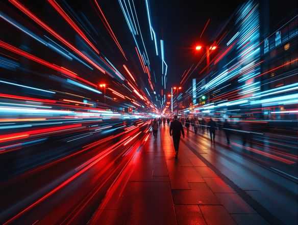 A bustling city street at night, captured with a long exposure effect, showing streaks of car lights and blurred pedestrians. AI generated photo with motion blur, long exposure photography AI tool.