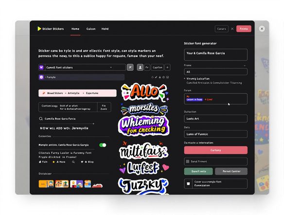 A vibrant sticker font generator interface, displaying various font styles and customization options. Include sample stickers with unique and playful fonts, showcasing the versatility of the sticker font generator. Vector art, clean lines, bright colors.