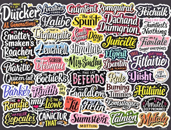 A collage of diverse sticker designs, each featuring a unique font generated by AI. Styles range from minimalist to ornate, showcasing the breadth of the sticker design generator. Focus on variety, creativity, and visual appeal. High resolution.