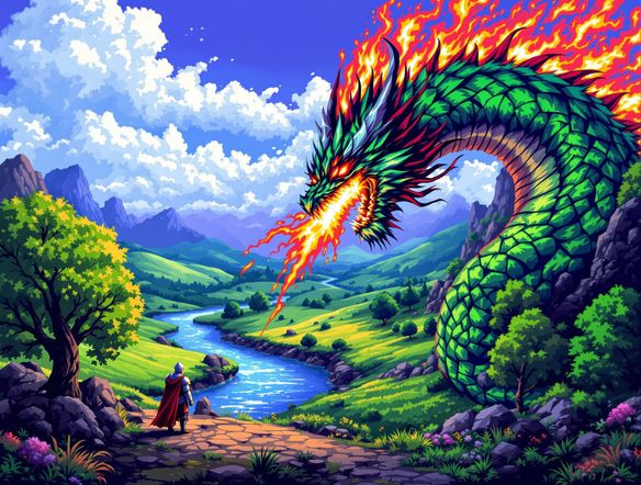 A vibrant pixel art scene depicting a fantasy landscape with a knight and a dragon, rendered in a classic 16-bit style.