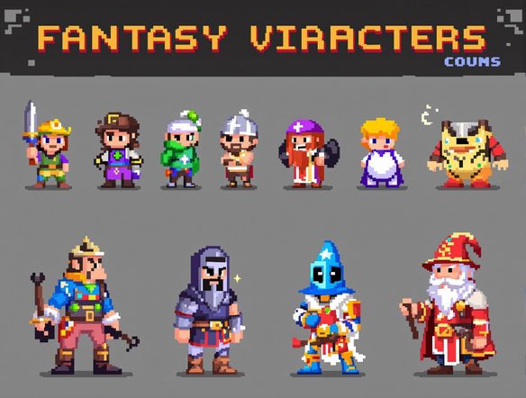A collection of diverse fantasy pixel art characters, 8-bit style, vibrant colors, hero, villain, merchant, knight, wizard, designed for a retro game.