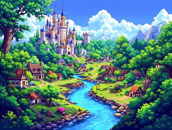 A detailed pixel art landscape, 8-bit style, showing a fantasy village with a castle in the background, vibrant colors, trees, river, retro game sprite maker.