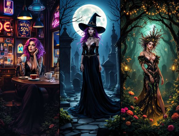 Split image showcasing three distinct witches: a modern witch in a city cafe, a gothic witch in a moonlit cemetery, and a fantasy witch in an enchanted forest, detailed character portraits.
