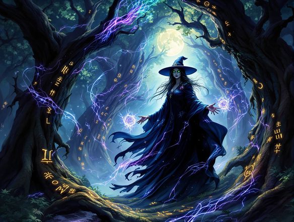 A mystical witch with glowing eyes and flowing robes, surrounded by swirling magical energy and ancient runes, deep in an enchanted forest.