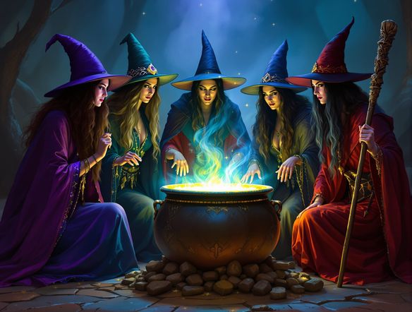 A coven of five distinct witches gathered around a glowing cauldron, detailed fantasy art, sorceress art maker, magical atmosphere, vibrant colors.