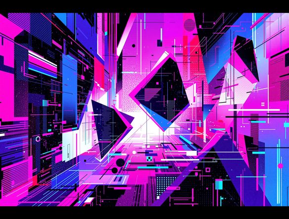 An abstract glitch art composition with neon pinks and blues, reminiscent of vaporwave aesthetics, featuring fragmented geometric shapes and digital noise.