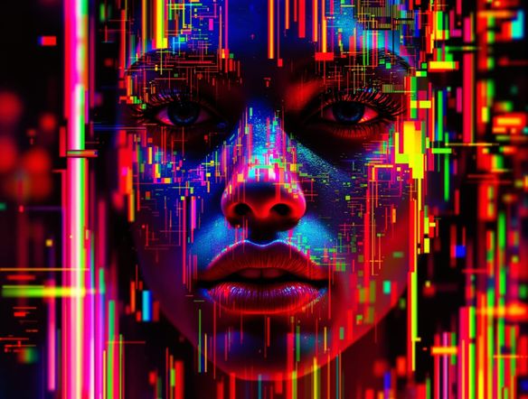 A portrait photograph being digitally distorted with vibrant color shifts, pixel sorting artifacts, and data moshing effects, creating a mesmerizing corrupted image.