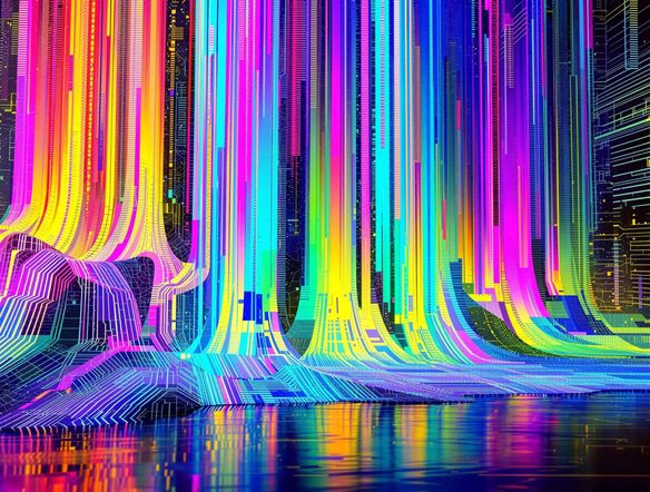 A vibrant abstract artwork created using AI pixel sorting, displaying a mesmerizing blend of colors and digital distortion effects, resembling a digital waterfall.