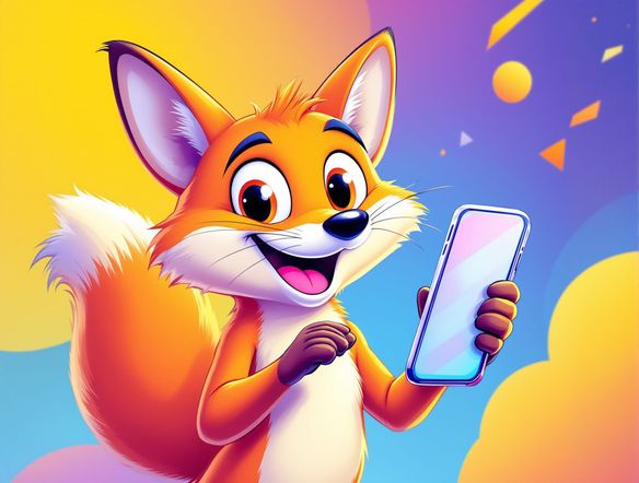 A vibrant, dynamic cartoon illustration for a commercial advertisement, featuring a friendly mascot character interacting with a product, with a clean, eye-catching background.