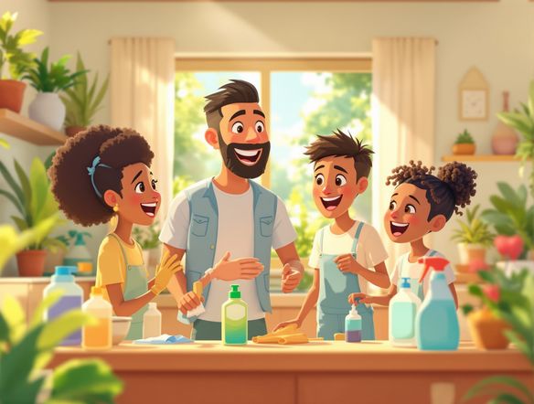 A playful animated ad sequence showcasing a happy family using a new eco-friendly cleaning product. Marketing cartoon tool style, vibrant colors, smooth animation loop.