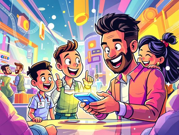 A dynamic and colorful AI commercial illustration for a new tech product launch, featuring friendly cartoon characters interacting with a futuristic gadget. Business cartoon art style, bright and optimistic.