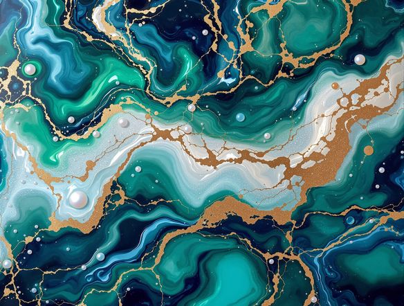 An abstract fluid art design in a resin art style, featuring flowing veins of emerald green, deep blue, and iridescent pearl, with subtle metallic gold accents and a glossy finish.