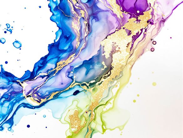 Vibrant alcohol ink art with swirling blues, purples, and golds creating an abstract fluid ink wash effect on a white background, capturing the organic beauty of the medium.