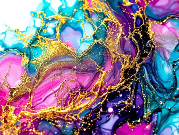 A close-up, macro shot of vibrant alcohol ink art with swirling patterns of magenta, turquoise, and gold, mimicking the organic flow and translucent layers of real ink on a white background.